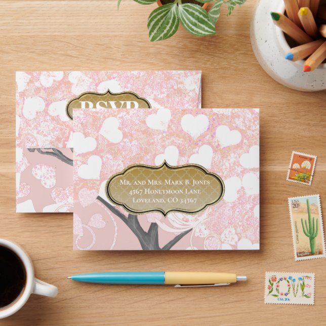 Enveloppe Boho Forest Pink Heart Leaf Tree Mariage (Desk)