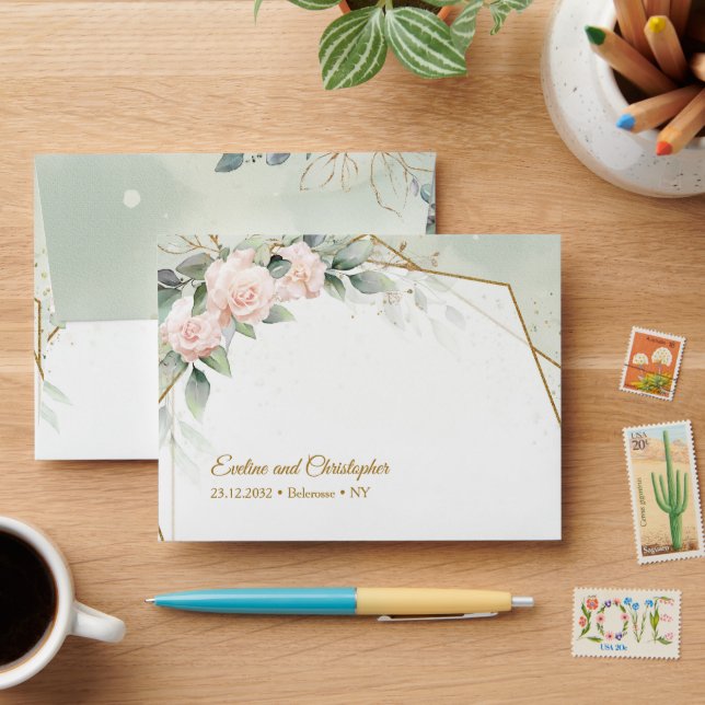 Enveloppe Boho rose rousse roses eucalyptus et cadre or (Desk)