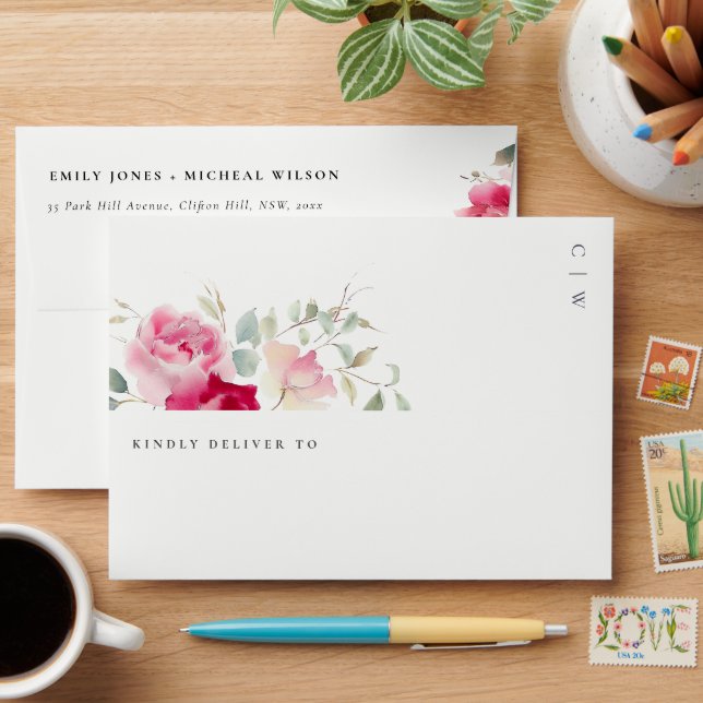 Enveloppe Boho Rouge Rose Fleurs Mariage d'aquarelle (Desk)