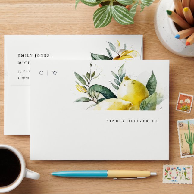 Enveloppe Boho Rustique Aquarelle Jaune Citron Jaune Mariage (Desk)