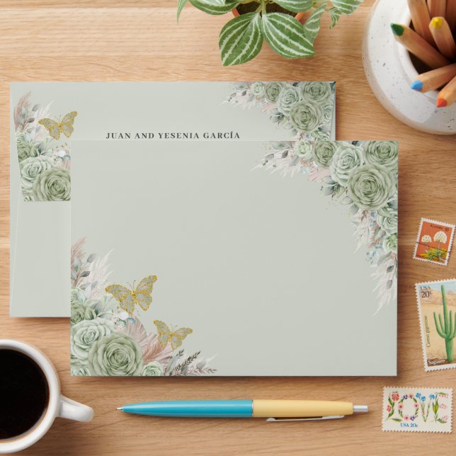 Enveloppe Boho Sage Green Floral Pampas Grass Quinceañera (Desk)