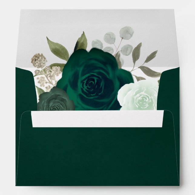 Enveloppe Boho vert émeraude foncé Roses mariage élégant (Dos (Bas))