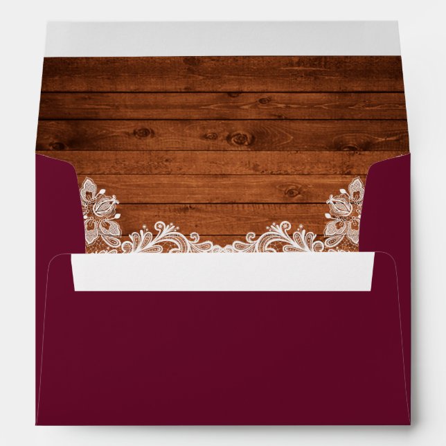 Enveloppe Bois Mariage rustique et dentelle Bourgogne (Dos (Bas))