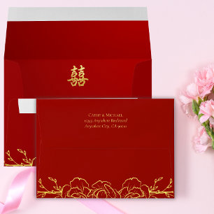 Enveloppe Bordure fleurie or rouge mariage chinois double xi
