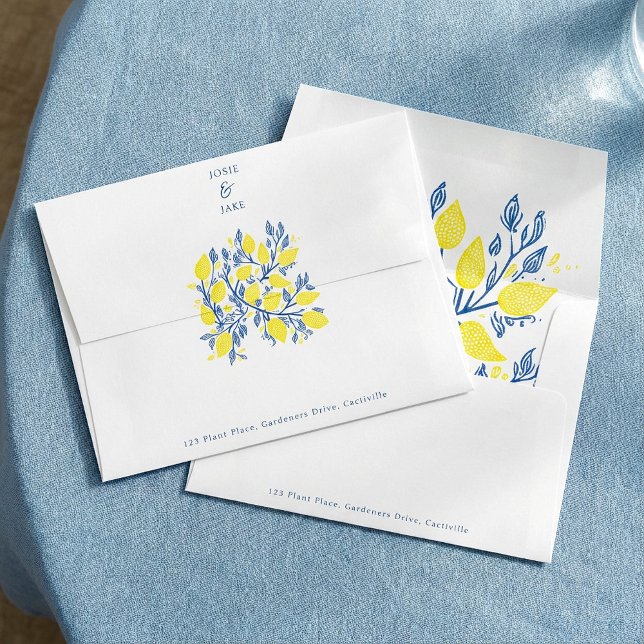 Enveloppe botanique de citron - bleu moderne et ja (Lemon Botanical Envelope – Modern Blue and Yellow.)