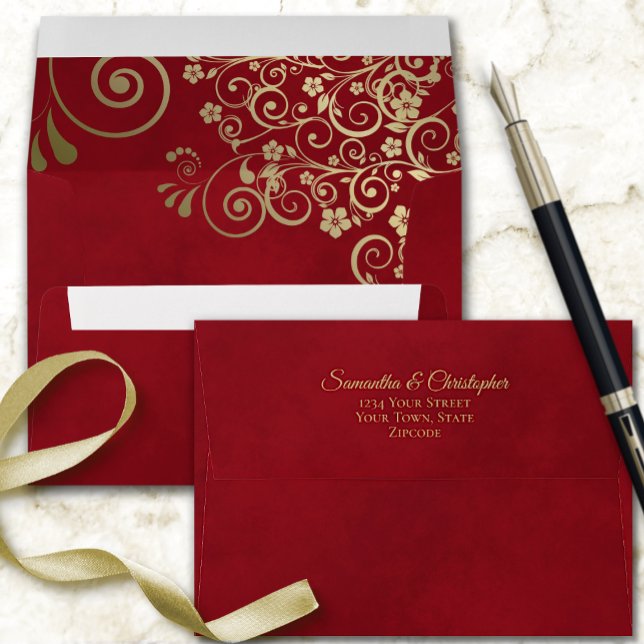 Enveloppe Boucles d'or sur Crimson marbré Mariage rouge élég (Créateur téléchargé)