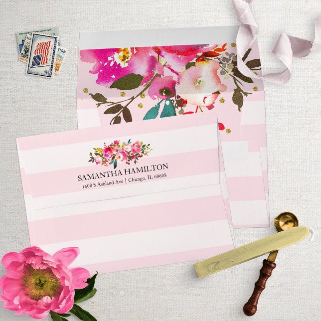 Enveloppe Bouquet floral chic rayures rose et blanche (Créateur téléchargé)