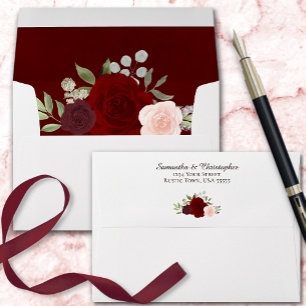 Enveloppe Bourgogne & Aquarelle Rouge Florale Mariage élégan