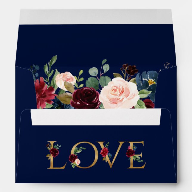 Enveloppe Bourgogne Floral Mariage Blue Love Invitation (Dos (Bas))