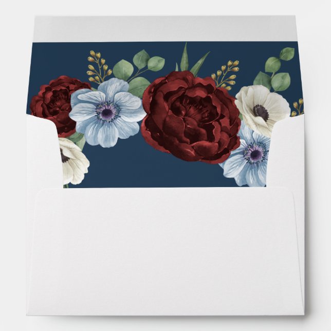 Enveloppe Bourgogne Peony Dusty Blue Anemone Floral Mariage (Dos (Bas))