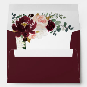 Enveloppe Bourgogne Rouge Bleu rose et or Mariage Floral
