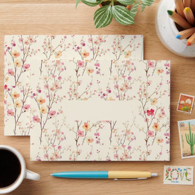 Enveloppe Branches florales roses rouges de printemps (Desk)