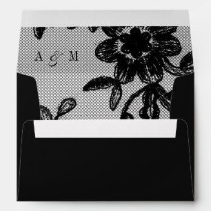 Enveloppe Broderie Florale Monogramme Élégant Mariage Noir