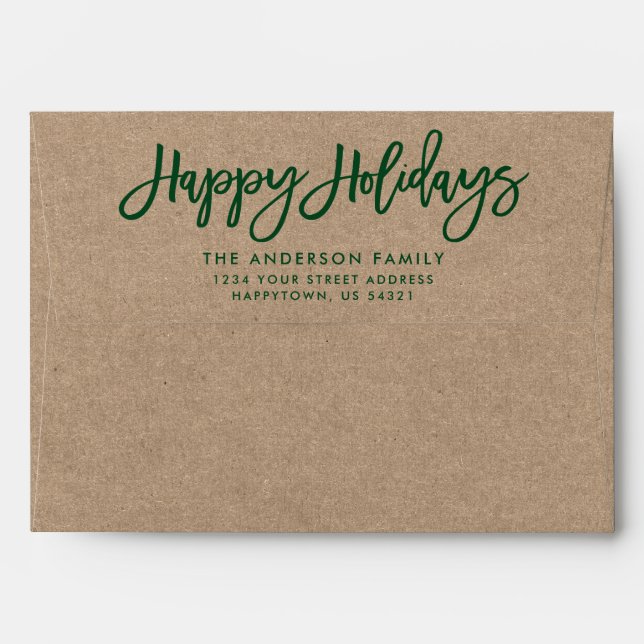 Enveloppe Brosse moderne Script Happy Holidays Kraft Green (Dos (Haut rabat))