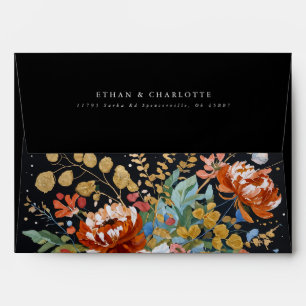 Enveloppe Brûlé Orange Peonies Floral Peinture Or Mariage