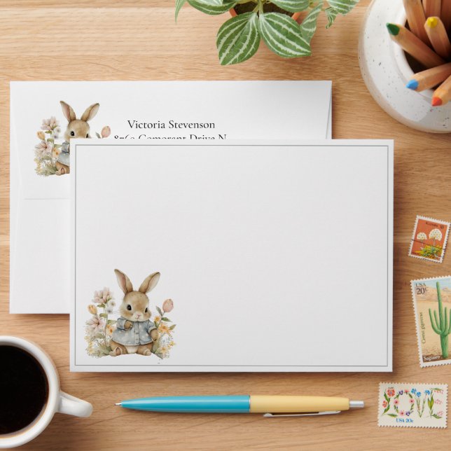 Enveloppe Bunny Lapin Baby shower Floral Invitation (Desk)