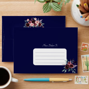 Enveloppe Burgundy Floral Navy Bleu Élégant Mariage Script