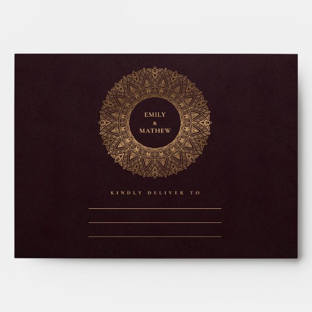 ENVELOPPE BURGUNDY MAROON GOLD CLASSY ORNATE MANDALA MARIAGE (Devant)
