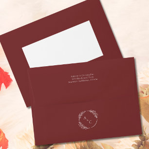 Enveloppe Burgundy Rouge simple Monogramme Feuille Mariage