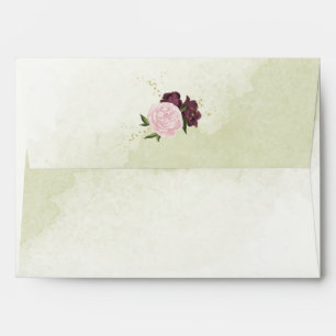 Enveloppe cabernet rose fleurs vert feuille mariage