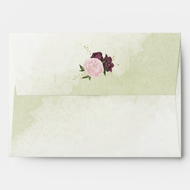 Enveloppe cabernet rose fleurs vert feuille mariage (Dos (Haut rabat))