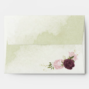 Enveloppe cabernet rose fleurs vert feuille mariage