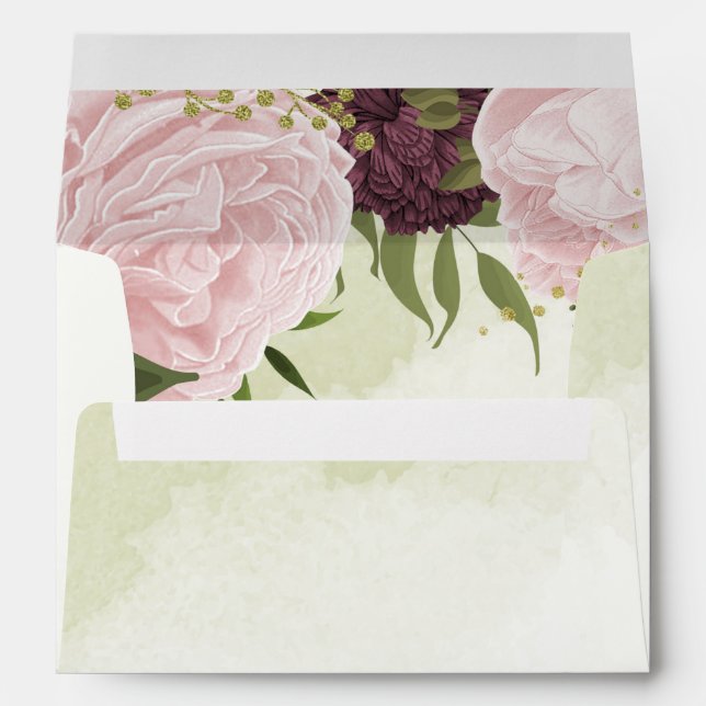Enveloppe cabernet rose fleurs vert feuille mariage (Dos (Bas))