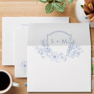 Enveloppe Cachet à monogramme floral bleu poussiéreux pour e