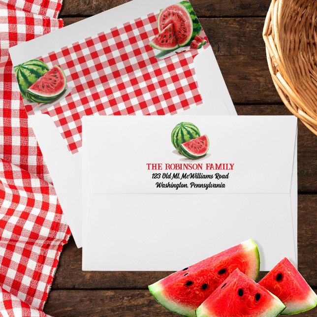 Enveloppe Cadre de pastèques d'été | Chèques (Watermelon and Red and White Gingham Checks Return Address White Envelope)