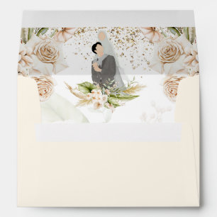 Enveloppe Cadre Or Floral VERT & Mariage islamique BEIGE