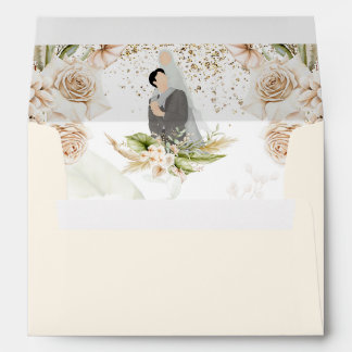 Enveloppe Cadre Or Floral VERT & Mariage islamique BEIGE