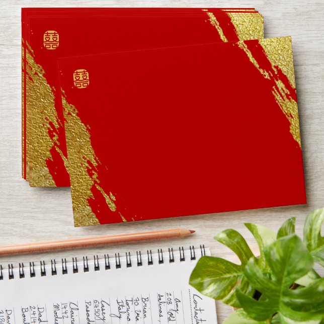 Enveloppe Calligraphie de mariage chinois au pinceau or roug (Stacked)