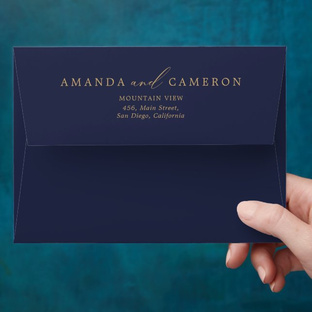 Enveloppe Calligraphie d'or romantique Marine Mariage bleu (Hand)