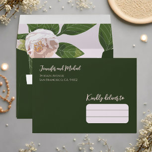 Enveloppe Camellia et verdure Mariage simple et élégant