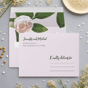 Enveloppe Camellia et verdure Mariage simple et élégant
