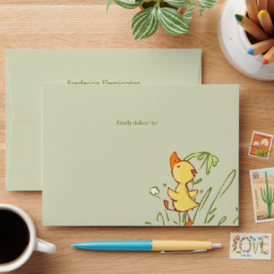 Enveloppe Caneton aquarelle fantaisiste sur vert sauge