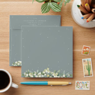 Enveloppe Carré Mariage Seafoam Green Snowberry+Eucalyptus