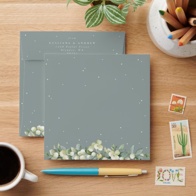 Enveloppe Carré Mariage Seafoam Green Snowberry+Eucalyptus (Desk)