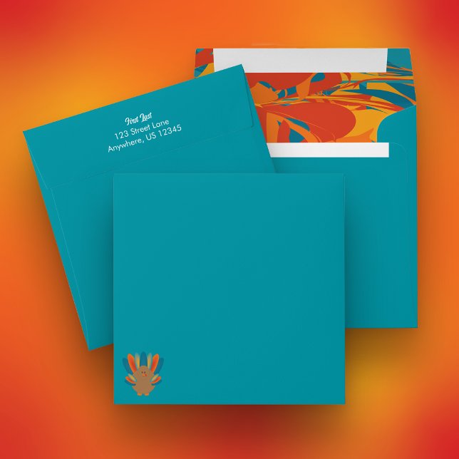 Enveloppe Carré Orange & Turquie Turquoise (Thanksgiving Themed Square Envelope with Turkey on Front)