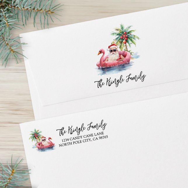 Enveloppe Carte d'adresse de retour de Noël de père Noël Bea (Santa Beach Christmas Return Address Card envelope)