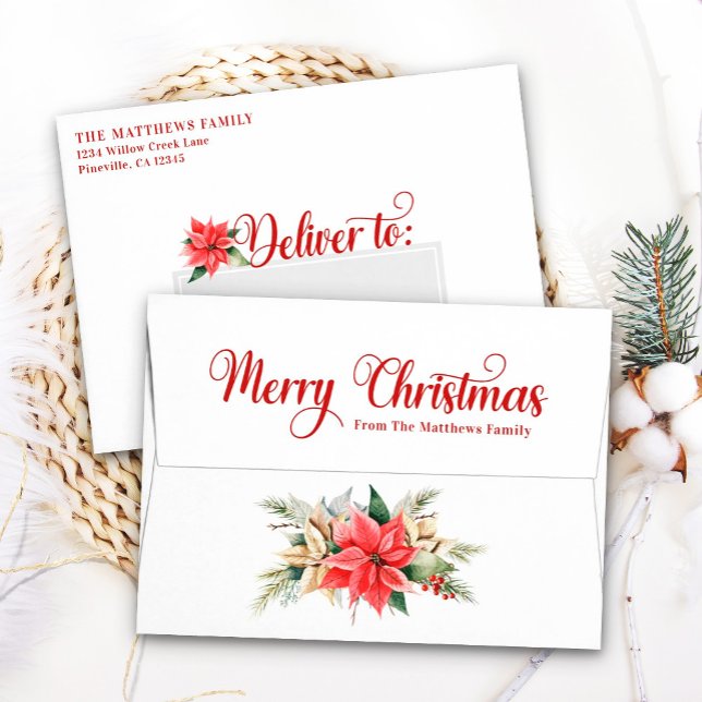 Enveloppe Carte de Noël Farmhouse Poinsettia Blanc A7 5x7 (Créateur téléchargé)