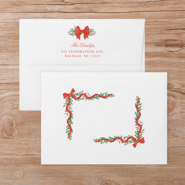 Enveloppe Carte de Noël Red Ribbon Bow Green (Elegant hand-painted red ribbons with bows and greenery Christmas holiday card envelopes.)