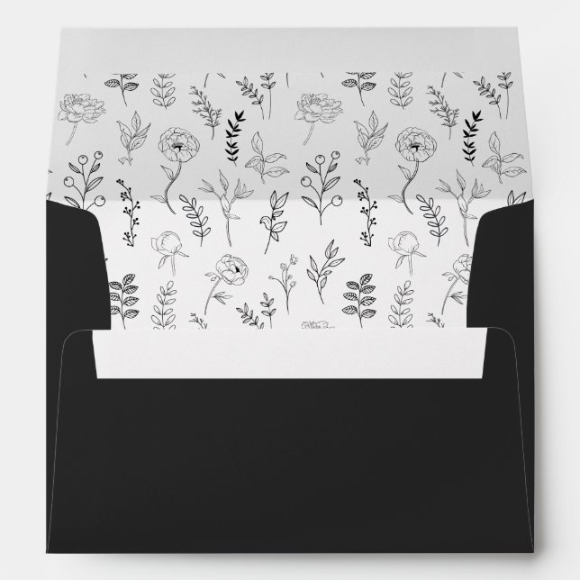 Enveloppe Carte mariage classique noire blanche à fleurs (Dos (Bas))