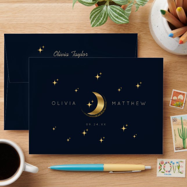 Enveloppe Celestial Blue Wedding Midnight Stars Moon  (Desk)
