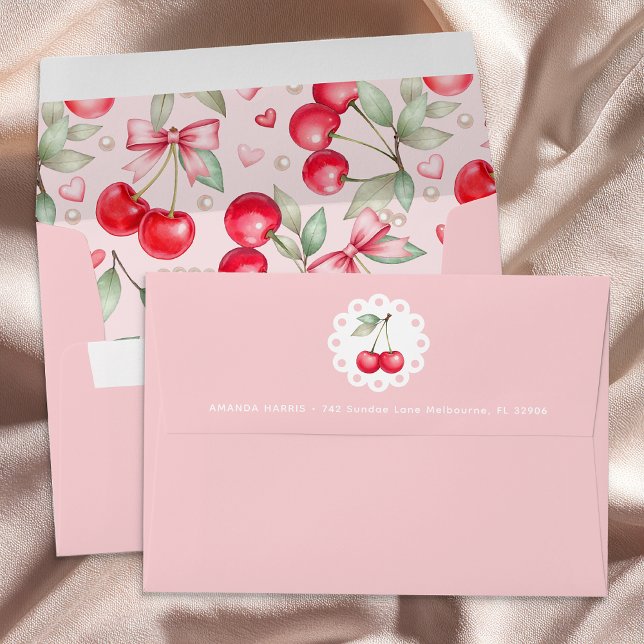 Enveloppe Cerise sur le dessus Baby shower Coquette (Cherry Self Addressed Pink Envelope )