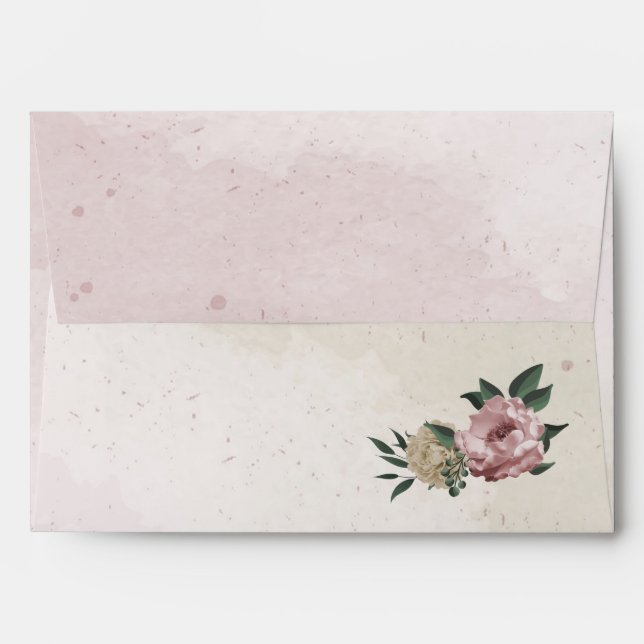 Enveloppe champagne rose fleurs verdure mariage (Dos (Haut rabat))