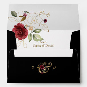 Enveloppe Charm Burgundy Gold Floral Mariage Adresse de reto