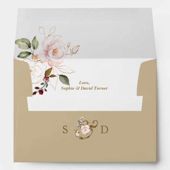 Enveloppe Charm rose or Fleurs Monogram Mariage (Dos (Bas))