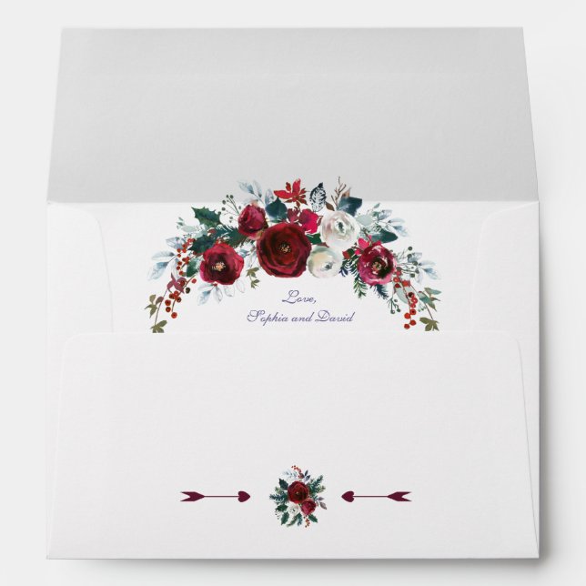 Enveloppe Charmant Hiver Bourgogne Floral Pine Gold Mariage (Dos (Bas))