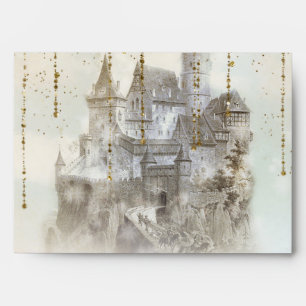Enveloppe Château de conte de fées pailleté or fête d'annive